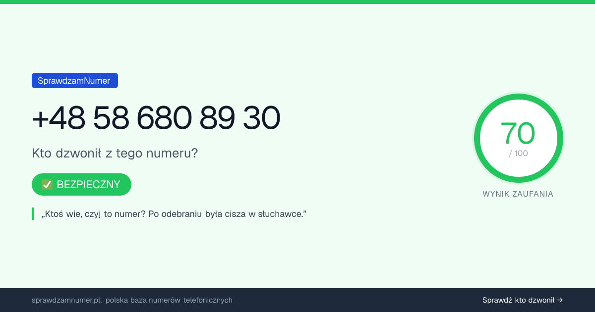 Wynik zaufania i opinie o numerze +48 586 808 930, werdykt: bezpieczny