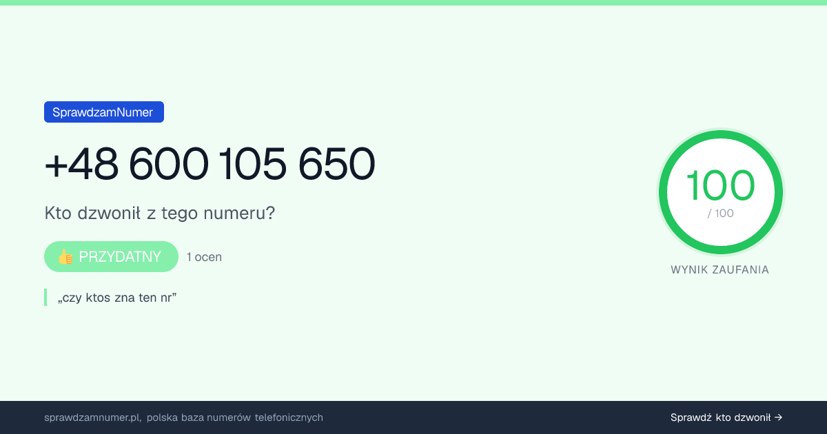 Wynik zaufania i opinie o numerze +48 600 105 650, werdykt: przydatny