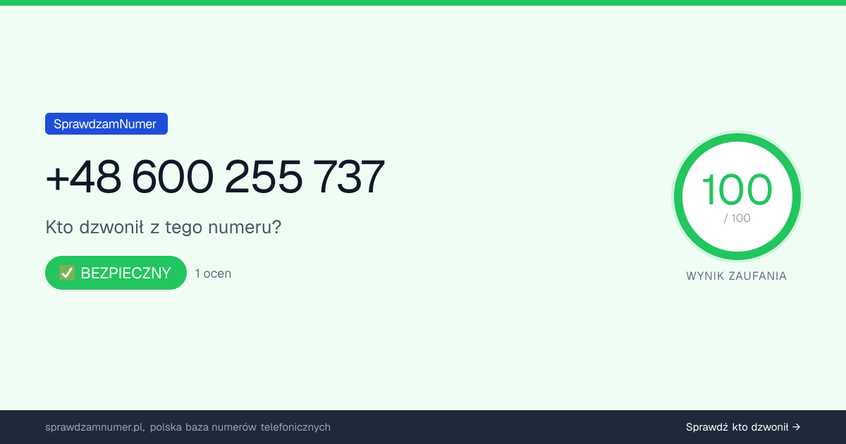 Wynik zaufania i opinie o numerze +48 600 255 737, werdykt: bezpieczny