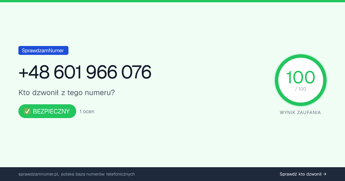 Wynik zaufania i opinie o numerze +48 601 966 076, werdykt: bezpieczny