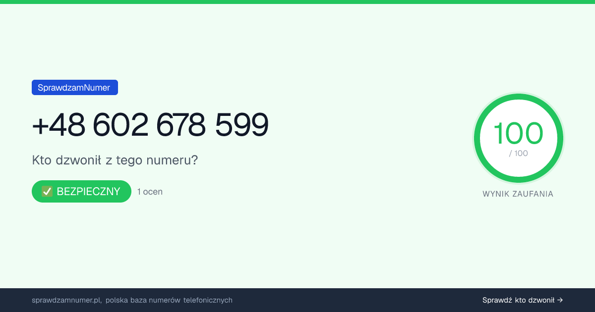 Wynik zaufania i opinie o numerze +48 602 678 599, werdykt: bezpieczny