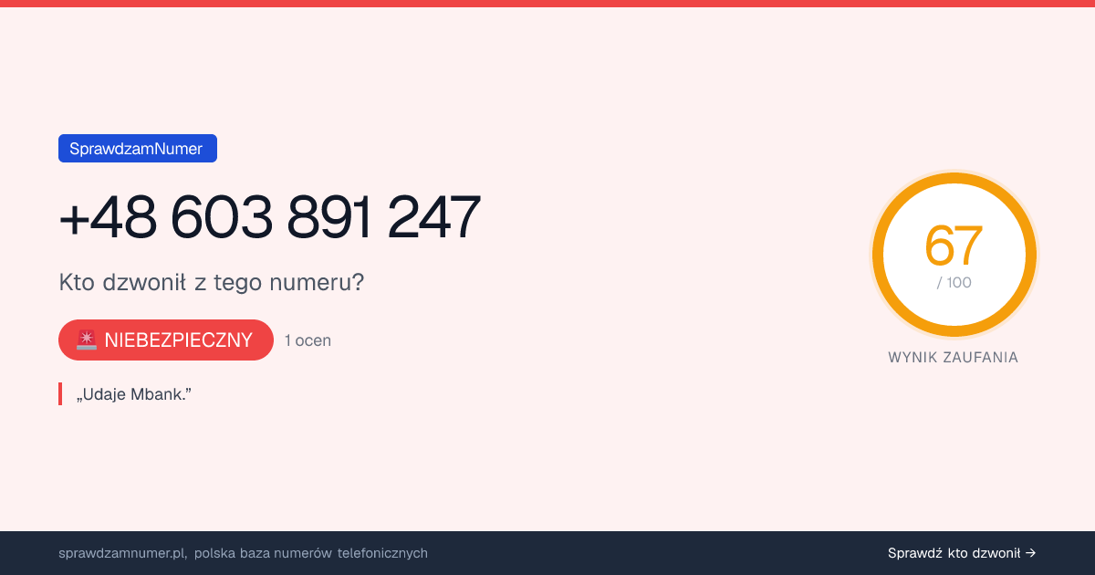 Wynik zaufania i opinie o numerze +48 603 891 247, werdykt: niebezpieczny
