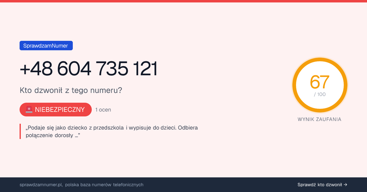 Wynik zaufania i opinie o numerze +48 604 735 121, werdykt: niebezpieczny