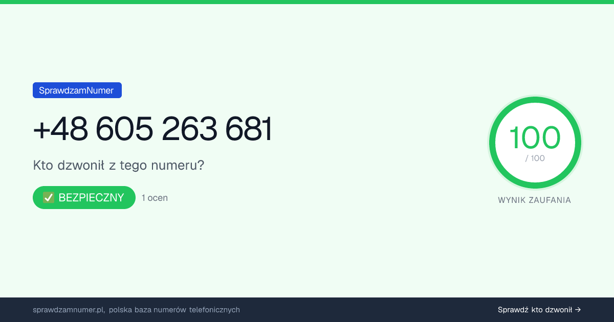 Wynik zaufania i opinie o numerze +48 605 263 681, werdykt: bezpieczny