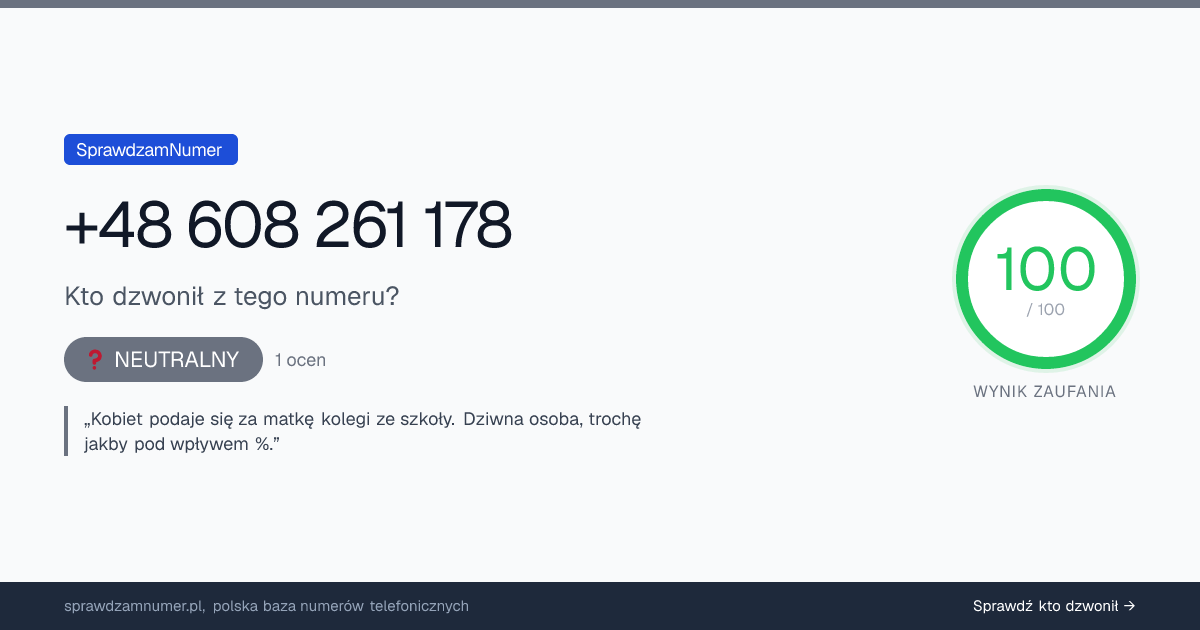 Wynik zaufania i opinie o numerze +48 608 261 178, werdykt: neutralny