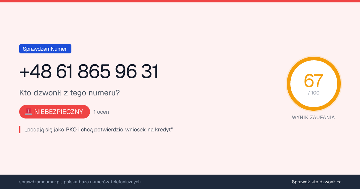 Wynik zaufania i opinie o numerze +48 61 865 96 31, werdykt: niebezpieczny