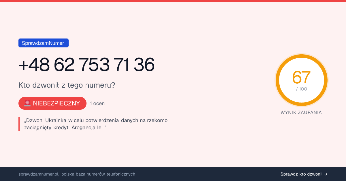 Wynik zaufania i opinie o numerze +48 62 753 71 36, werdykt: niebezpieczny
