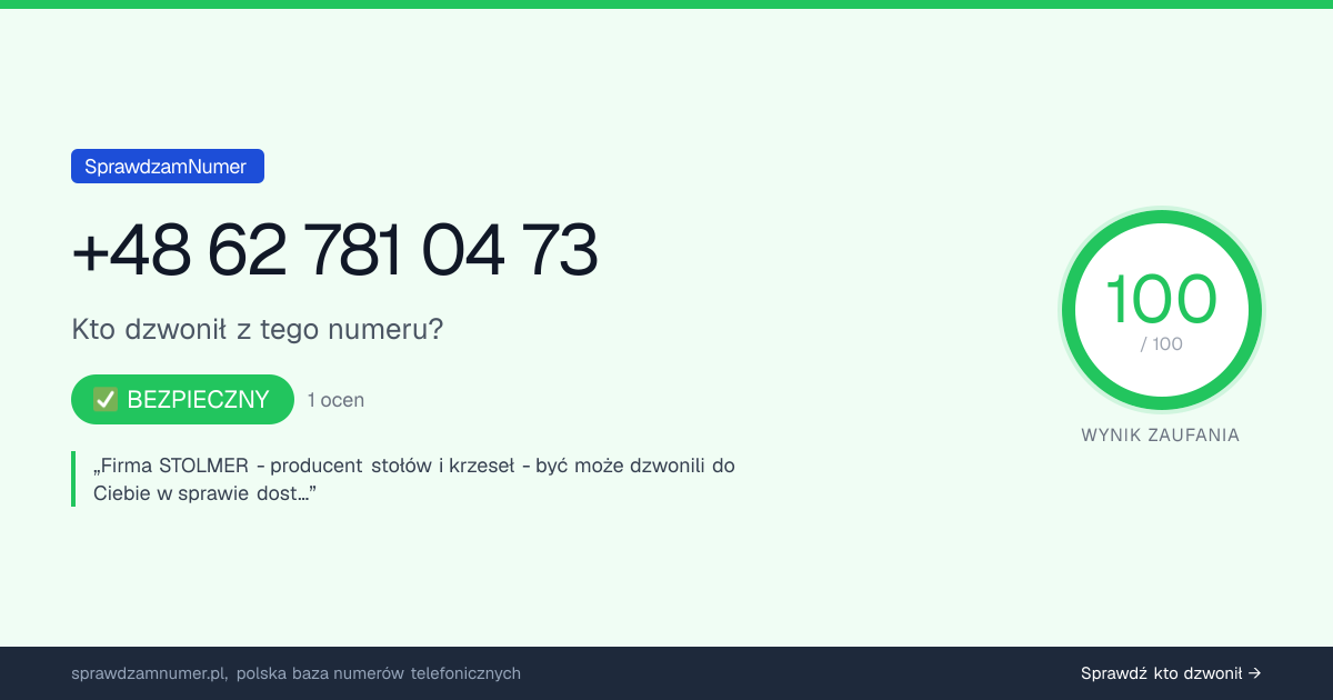 Wynik zaufania i opinie o numerze +48 62 781 04 73, werdykt: bezpieczny