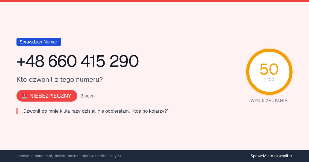 Wynik zaufania i opinie o numerze +48 660 415 290, werdykt: niebezpieczny