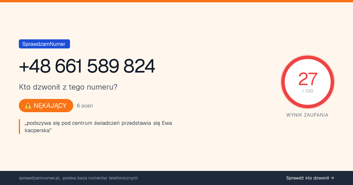Wynik zaufania i opinie o numerze +48 661 589 824, werdykt: nękający