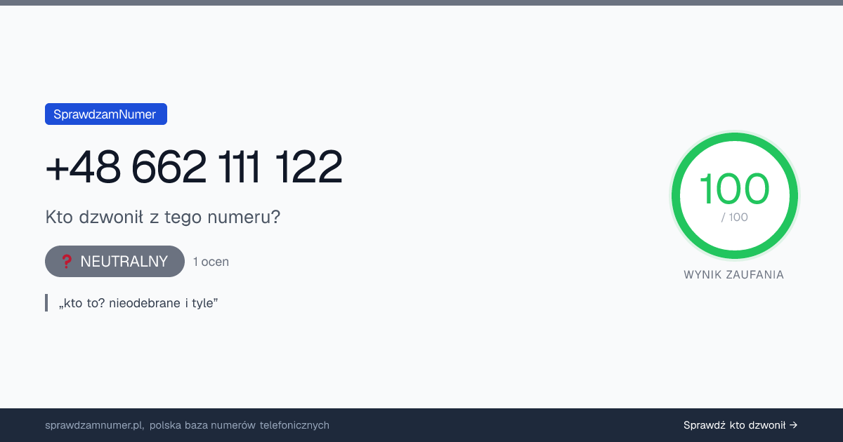 Wynik zaufania i opinie o numerze +48 662 111 122, werdykt: neutralny