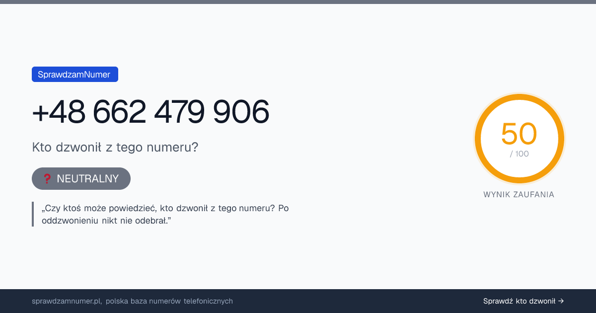 Wynik zaufania i opinie o numerze +48 662 479 906, werdykt: neutralny