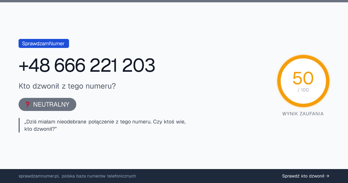 Wynik zaufania i opinie o numerze +48 666 221 203, werdykt: neutralny