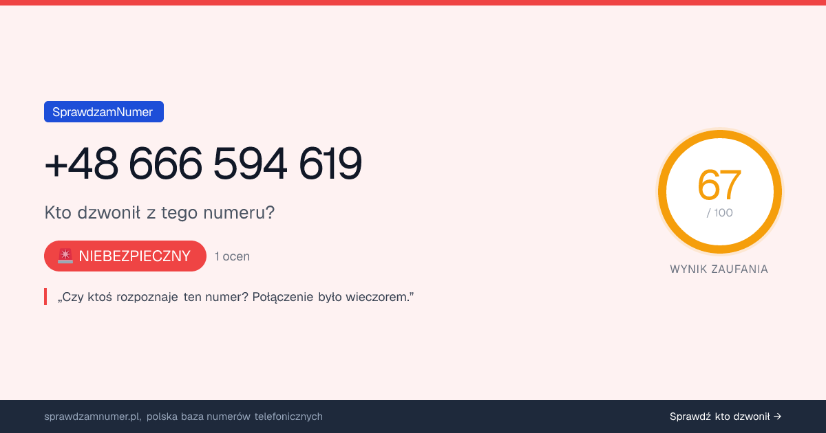 Wynik zaufania i opinie o numerze +48 666 594 619, werdykt: niebezpieczny