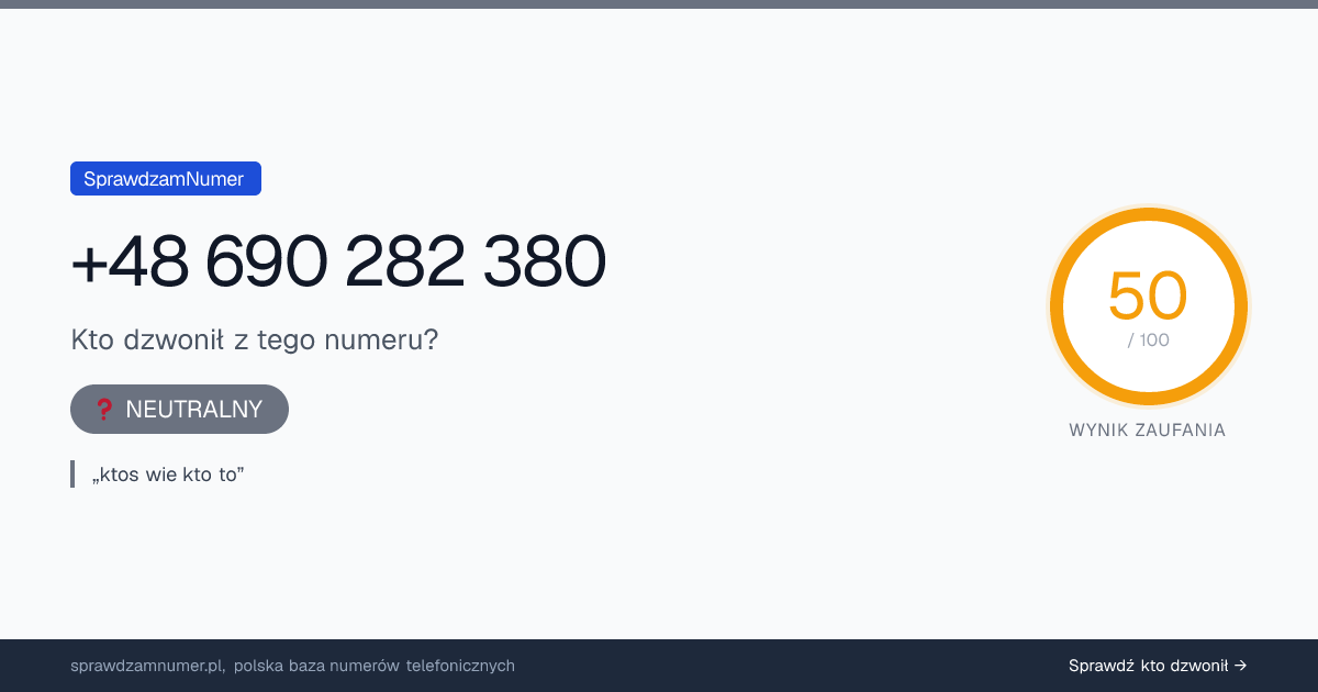 Wynik zaufania i opinie o numerze +48 690 282 380, werdykt: neutralny