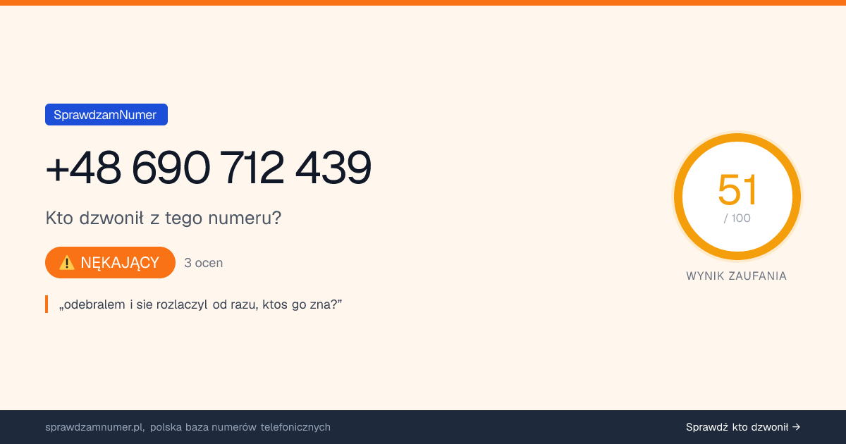 Wynik zaufania i opinie o numerze +48 690 712 439, werdykt: nękający