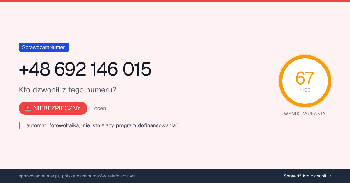 Wynik zaufania i opinie o numerze +48 692 146 015, werdykt: niebezpieczny