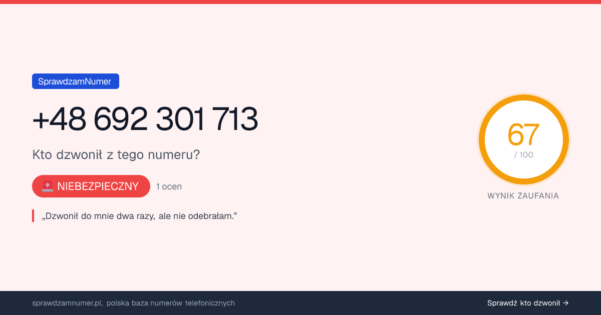 Wynik zaufania i opinie o numerze +48 692 301 713, werdykt: niebezpieczny