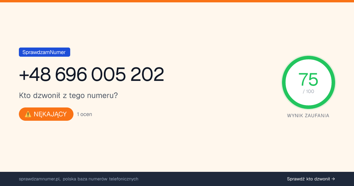 Wynik zaufania i opinie o numerze +48 696 005 202, werdykt: nękający