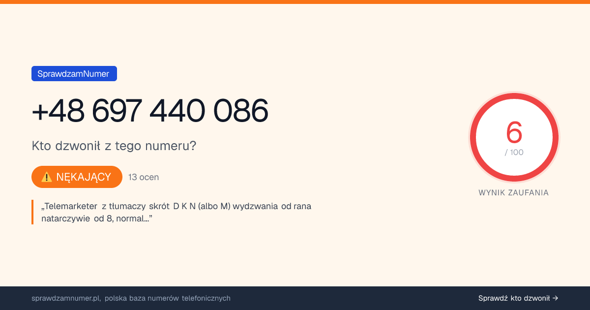 Wynik zaufania i opinie o numerze +48 697 440 086, werdykt: nękający
