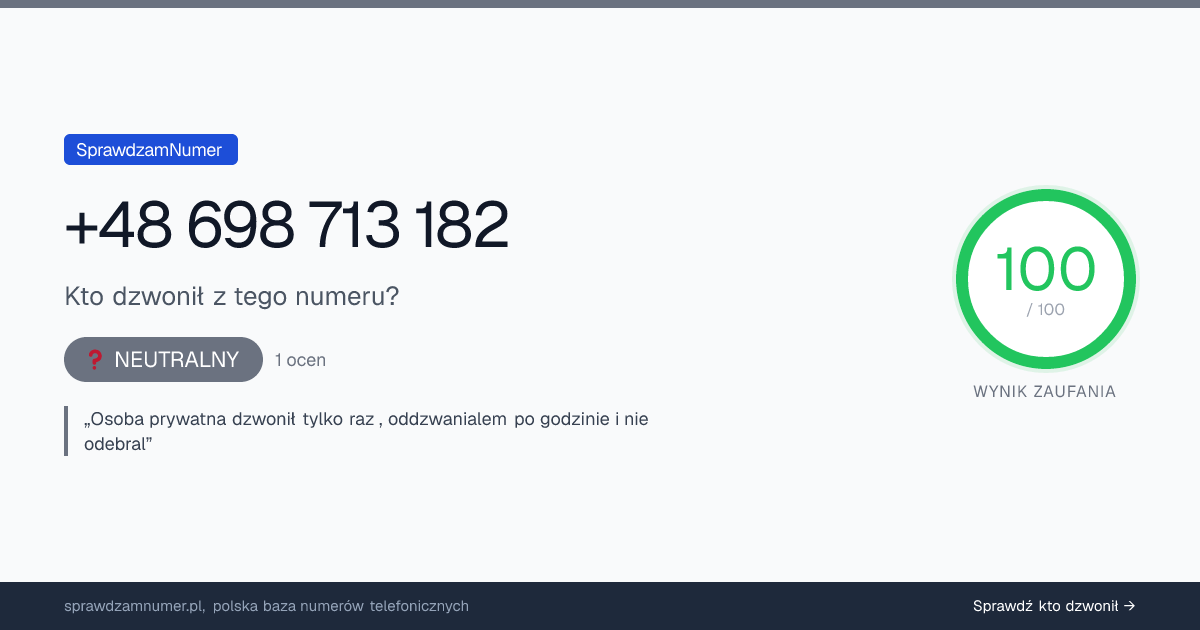 Wynik zaufania i opinie o numerze +48 698 713 182, werdykt: neutralny