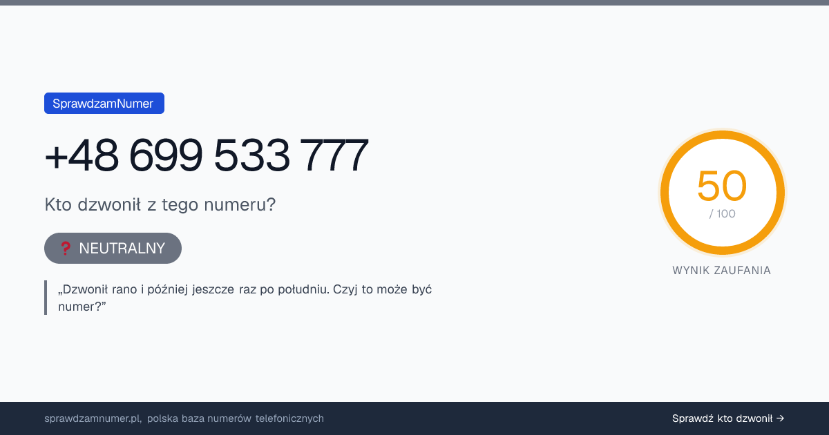 Wynik zaufania i opinie o numerze +48 699 533 777, werdykt: neutralny