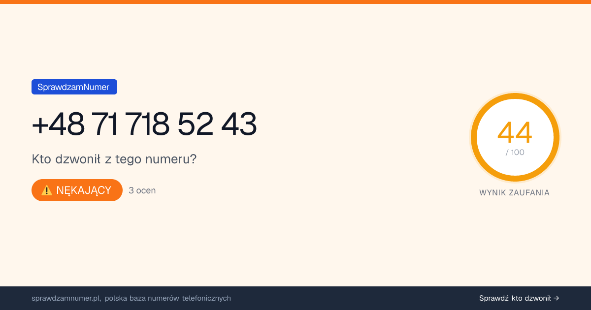 Wynik zaufania i opinie o numerze +48 71 718 52 43, werdykt: nękający
