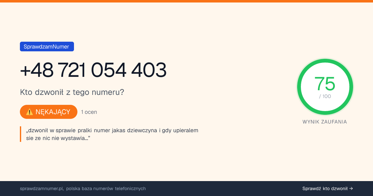 Wynik zaufania i opinie o numerze +48 721 054 403, werdykt: nękający