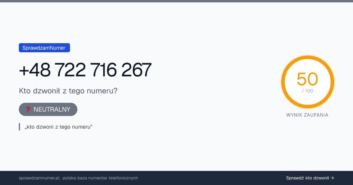 Wynik zaufania i opinie o numerze +48 722 716 267, werdykt: neutralny