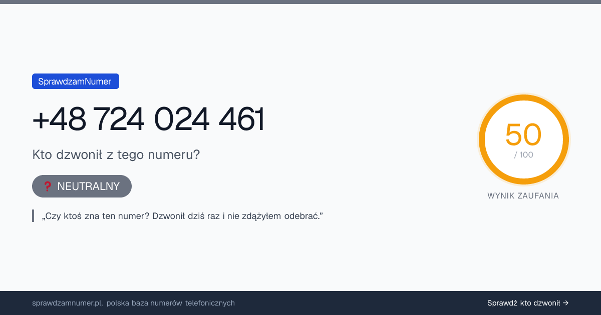 Wynik zaufania i opinie o numerze +48 724 024 461, werdykt: neutralny
