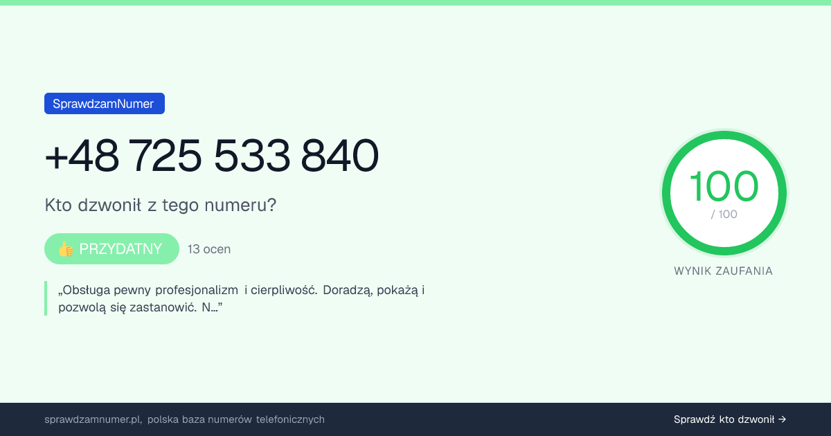 Wynik zaufania i opinie o numerze +48 725 533 840, werdykt: przydatny
