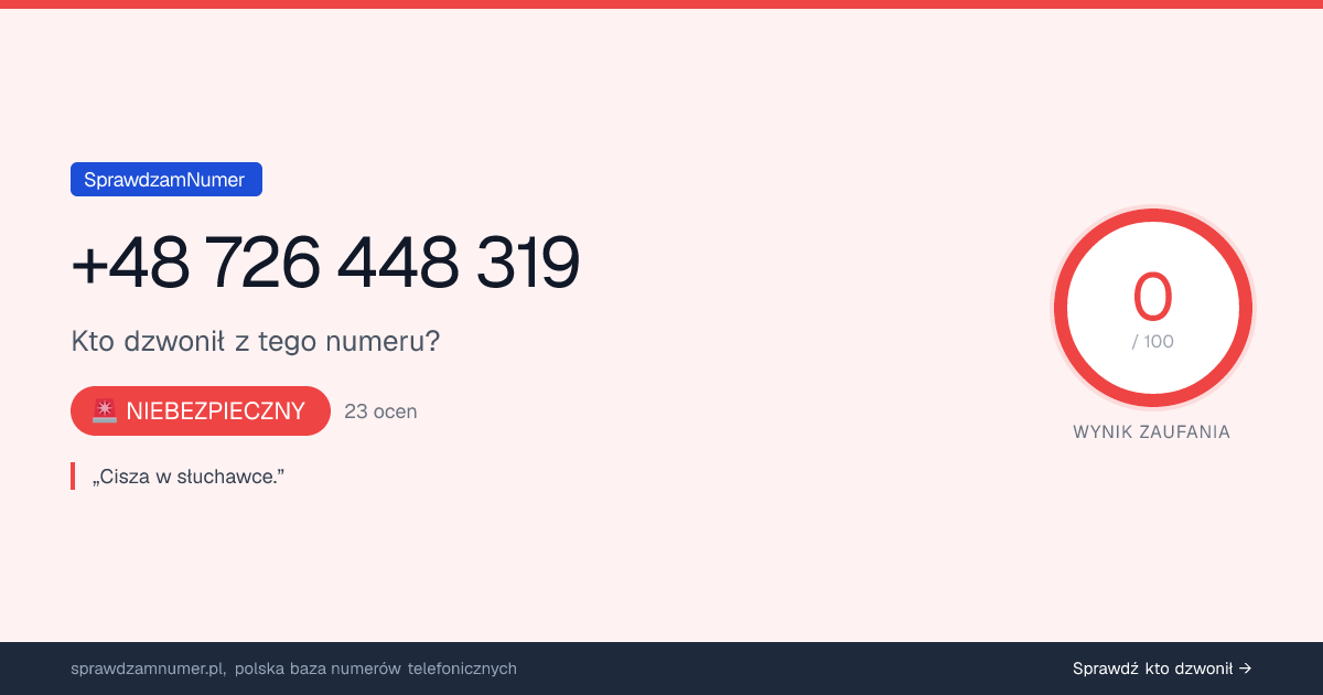 Wynik zaufania i opinie o numerze +48 726 448 319, werdykt: niebezpieczny