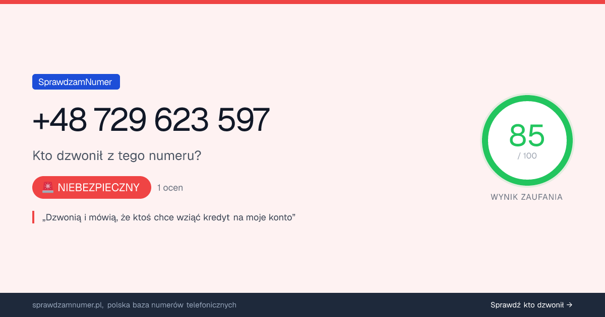 Wynik zaufania i opinie o numerze +48 729 623 597, werdykt: niebezpieczny
