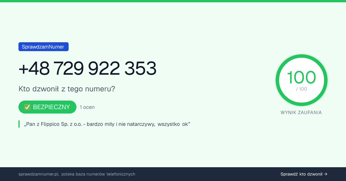 Wynik zaufania i opinie o numerze +48 729 922 353, werdykt: bezpieczny