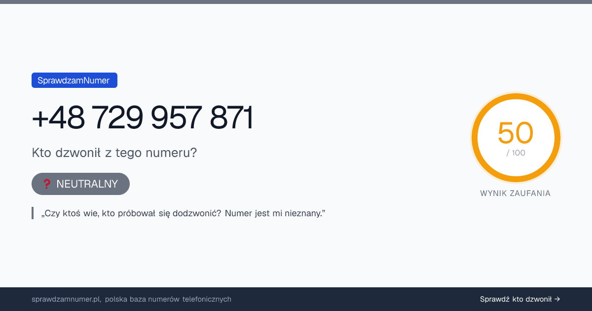 Wynik zaufania i opinie o numerze +48 729 957 871, werdykt: neutralny