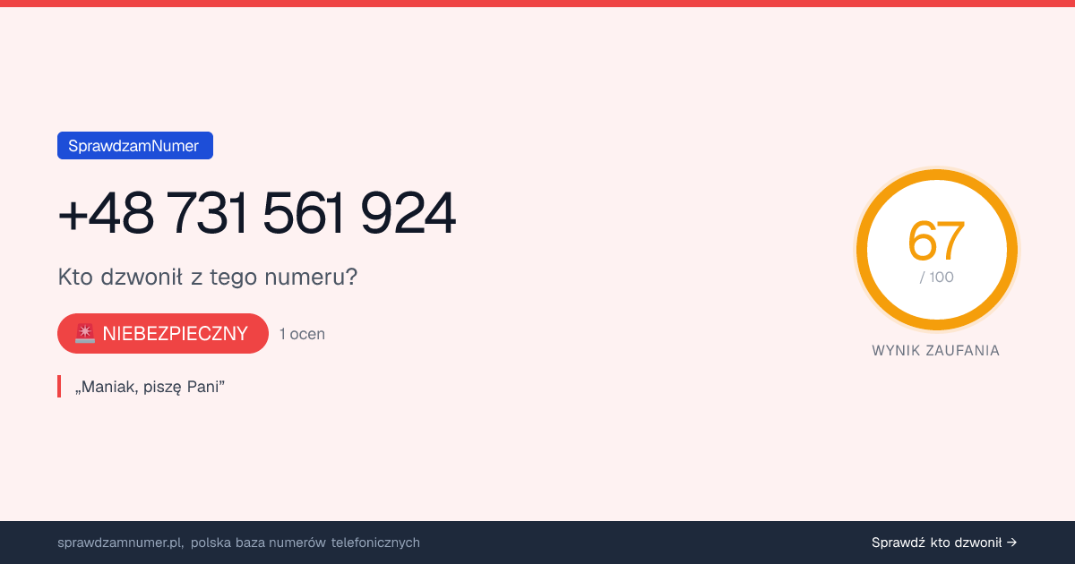 Wynik zaufania i opinie o numerze +48 731 561 924, werdykt: niebezpieczny