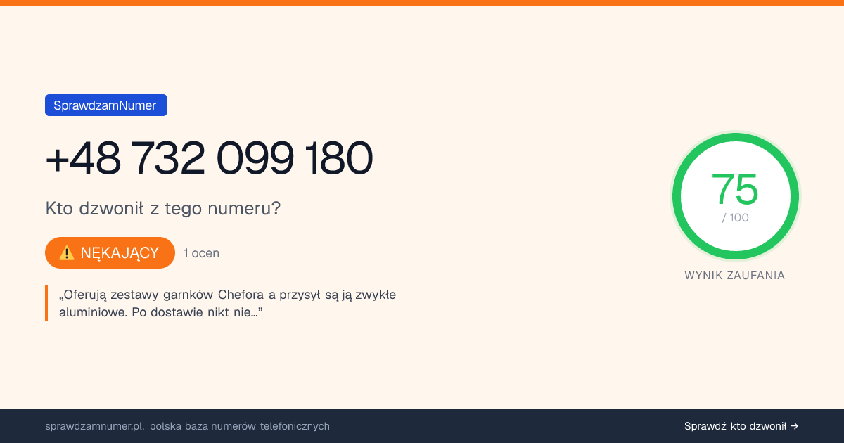 Wynik zaufania i opinie o numerze +48 732 099 180, werdykt: nękający