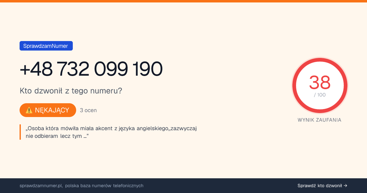 Wynik zaufania i opinie o numerze +48 732 099 190, werdykt: nękający