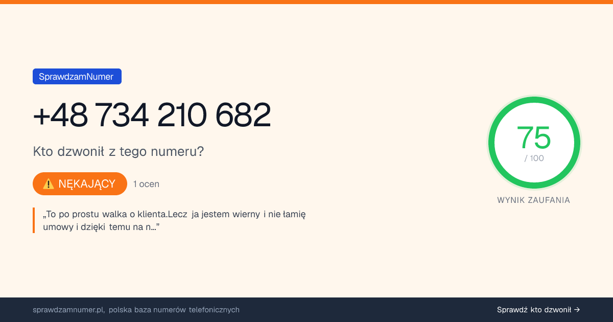 Wynik zaufania i opinie o numerze +48 734 210 682, werdykt: nękający