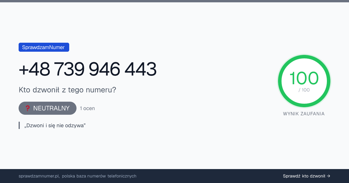 Wynik zaufania i opinie o numerze +48 739 946 443, werdykt: neutralny