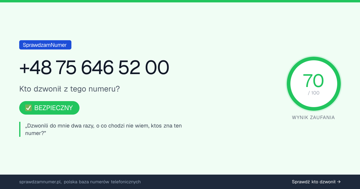 Wynik zaufania i opinie o numerze +48 756 465 200, werdykt: bezpieczny