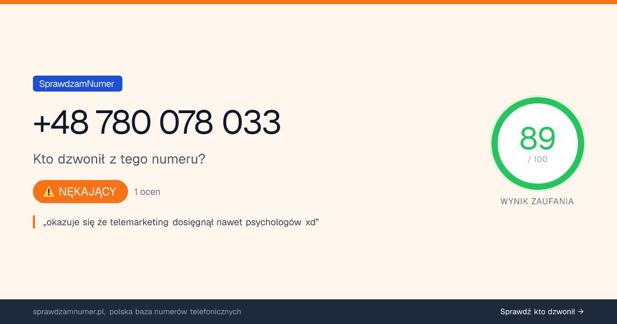 Wynik zaufania i opinie o numerze +48 780 078 033, werdykt: nękający