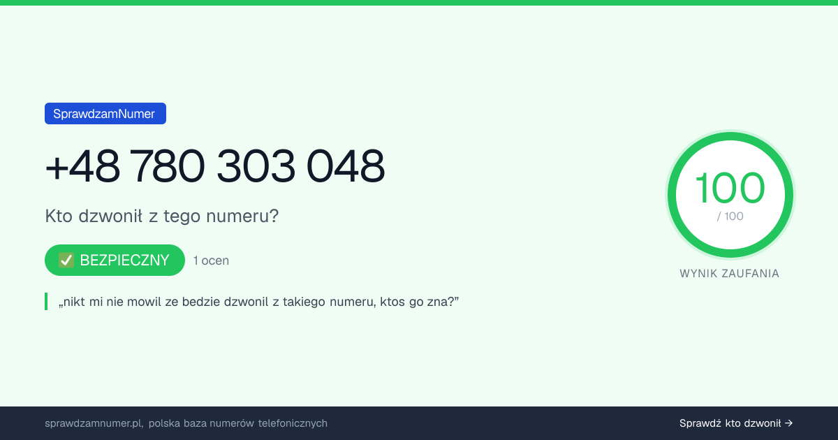 Wynik zaufania i opinie o numerze +48 780 303 048, werdykt: bezpieczny
