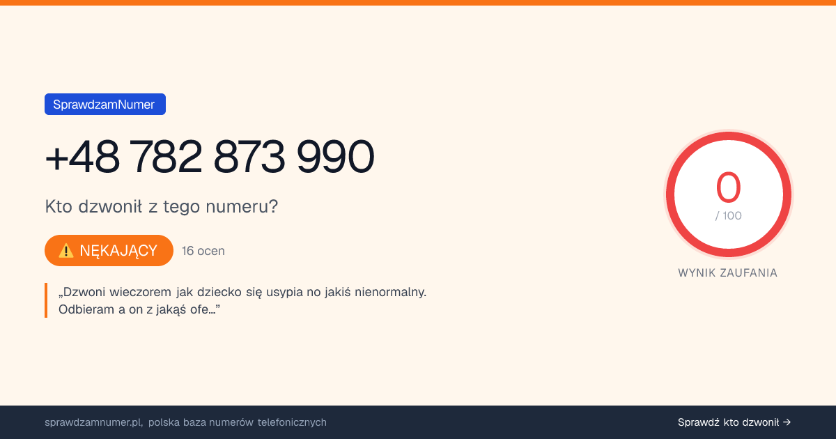 Wynik zaufania i opinie o numerze +48 782 873 990, werdykt: nękający