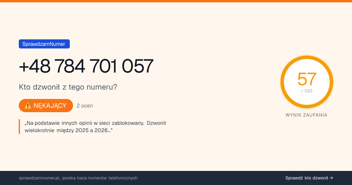 Wynik zaufania i opinie o numerze +48 784 701 057, werdykt: nękający