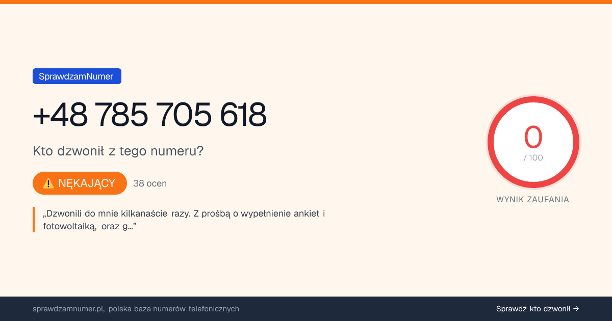 Wynik zaufania i opinie o numerze +48 785 705 618, werdykt: nękający