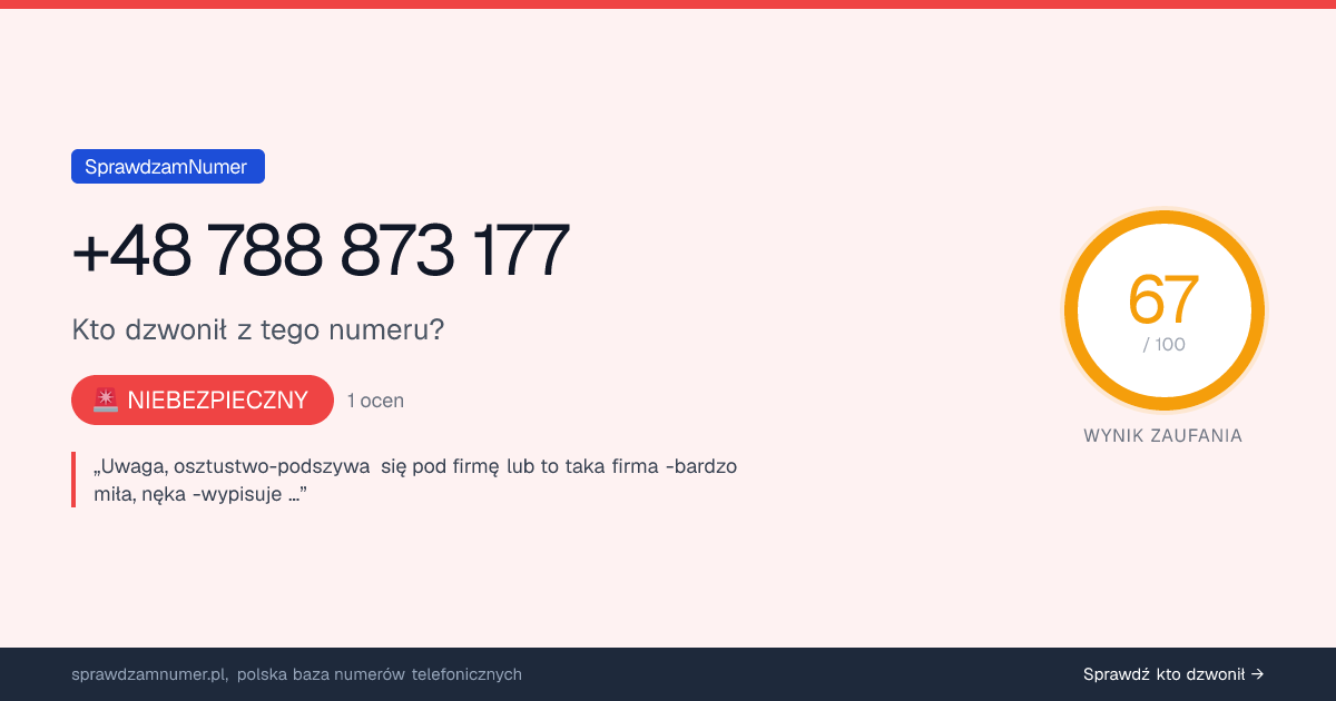 Wynik zaufania i opinie o numerze +48 788 873 177, werdykt: niebezpieczny