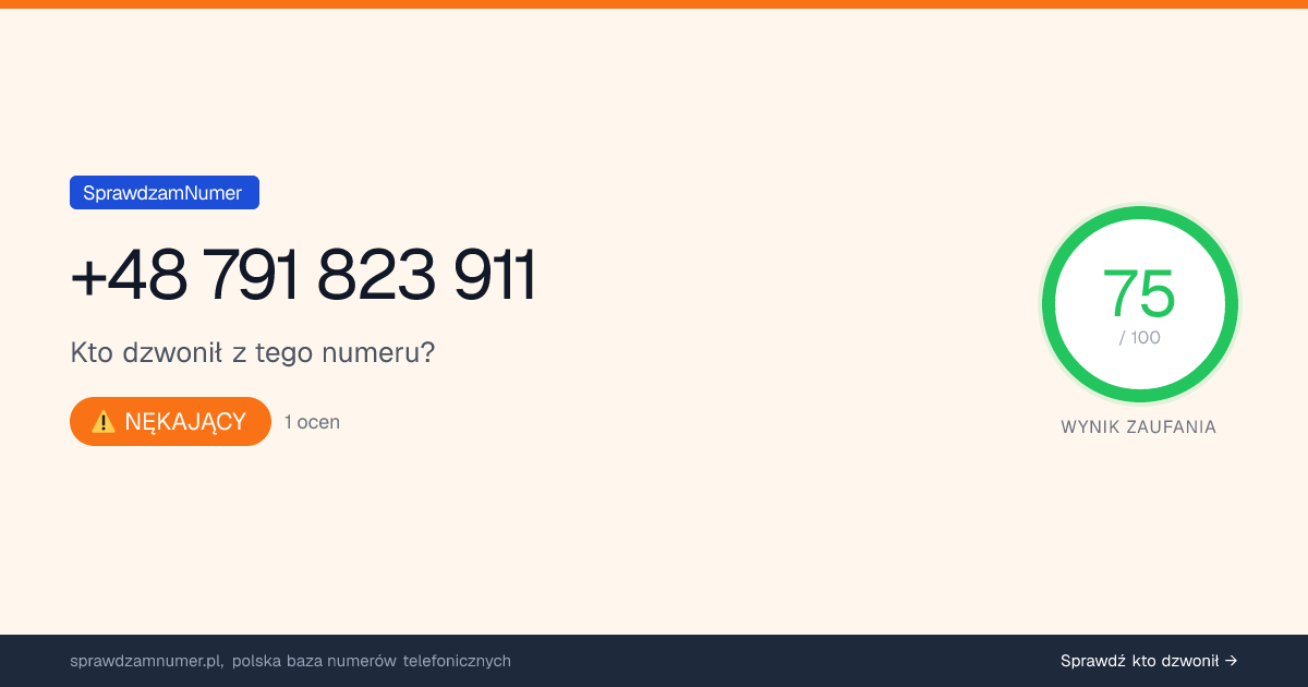 Wynik zaufania i opinie o numerze +48 791 823 911, werdykt: nękający