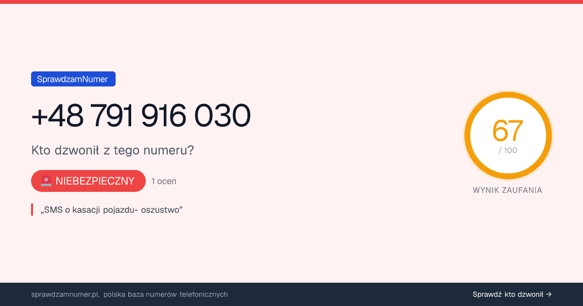 Wynik zaufania i opinie o numerze +48 791 916 030, werdykt: niebezpieczny