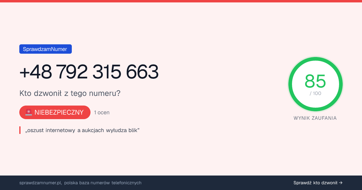 Wynik zaufania i opinie o numerze +48 792 315 663, werdykt: niebezpieczny